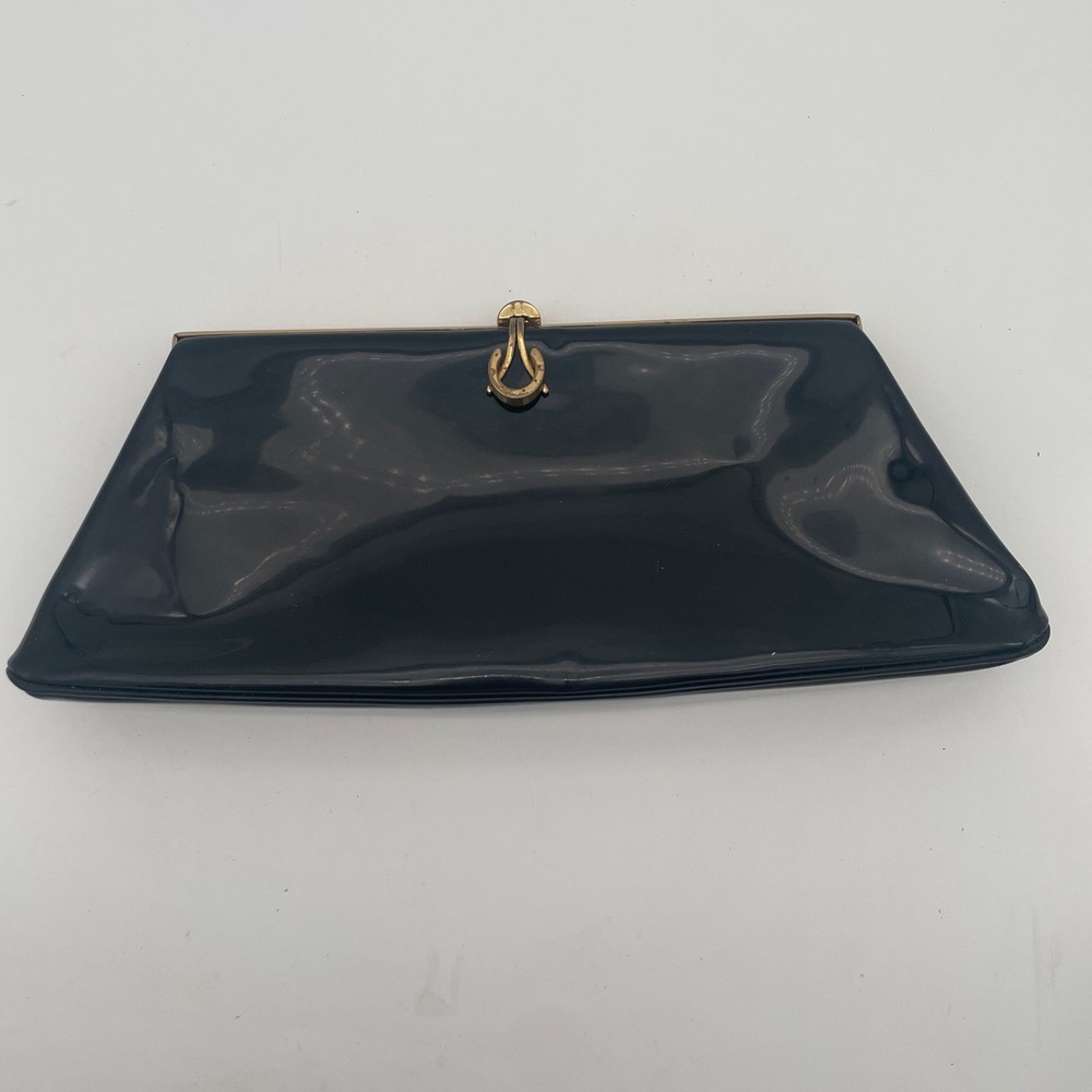 Bass Black Patent Leather Clutch Gold Clasp Vintage Fits Large iPhone